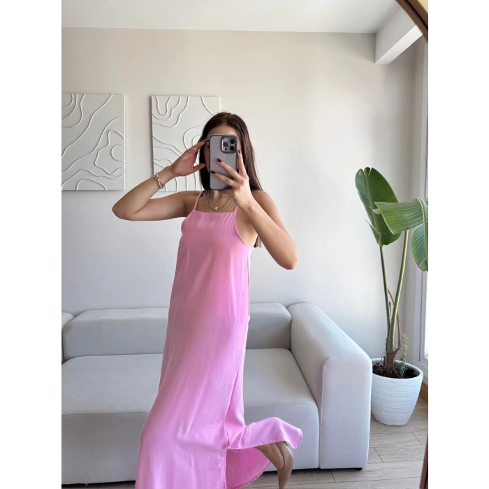 Yırtmaçlı Keten Askılı Elbise - PEMBE