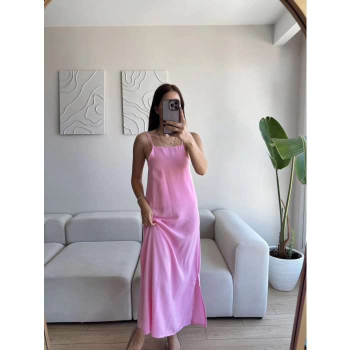 Yırtmaçlı Keten Askılı Elbise - PEMBE