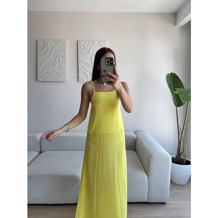 Yırtmaçlı Keten Askılı Elbise - SARI