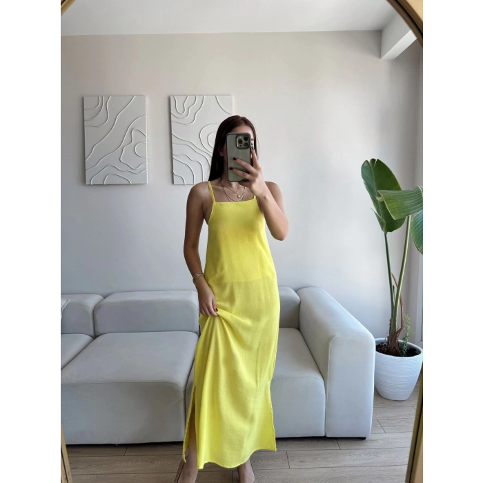 Yırtmaçlı Keten Askılı Elbise - SARI