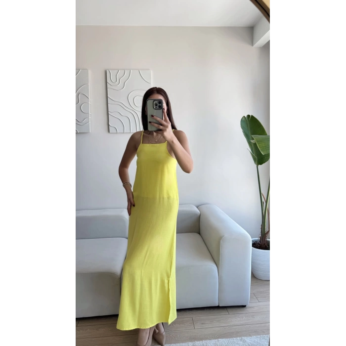Yırtmaçlı Keten Askılı Elbise - SARI