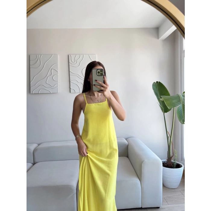 Yırtmaçlı Keten Askılı Elbise - SARI