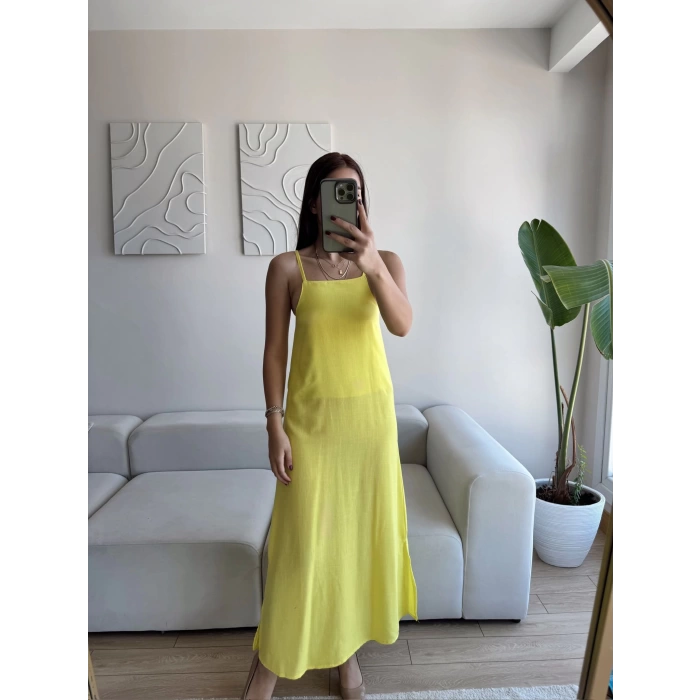 Yırtmaçlı Keten Askılı Elbise - SARI