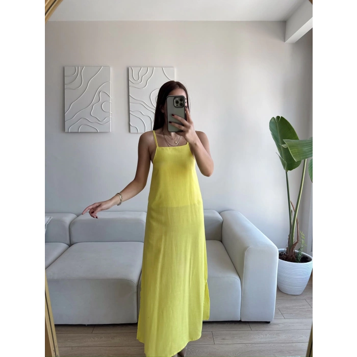 Yırtmaçlı Keten Askılı Elbise - SARI