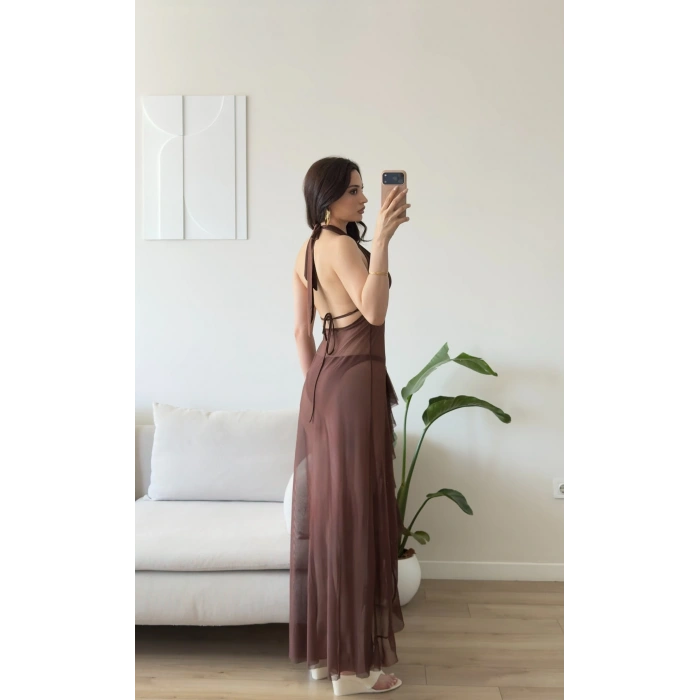 Yırtmaçlı Mayo Pareo Takım - KAHVE