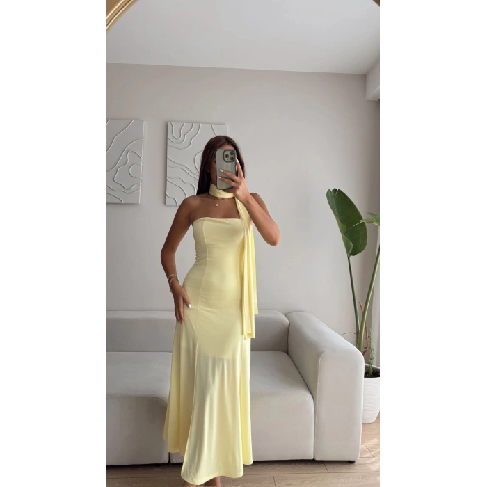 Yırtmaçlı Straplez Kuşaklı Elbise - SARI
