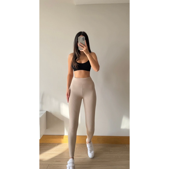 Yüksek Bel Şardonlu Tayt-BEJ