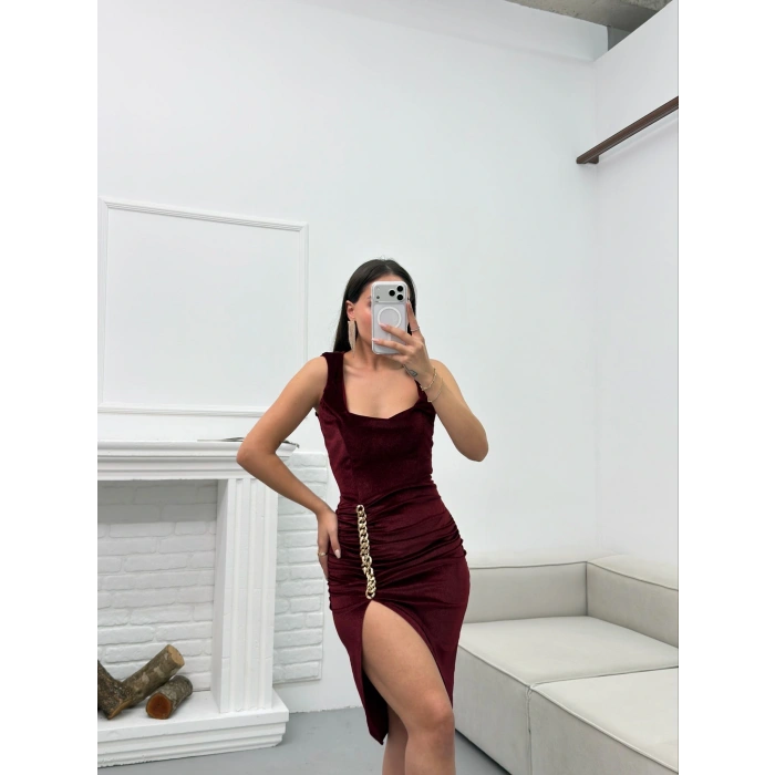 Zincir Aksesuar Kare Yaka Elbise - BORDO