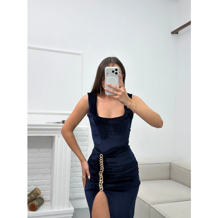 Zincir Aksesuar Kare Yaka Elbise - LACİVERT