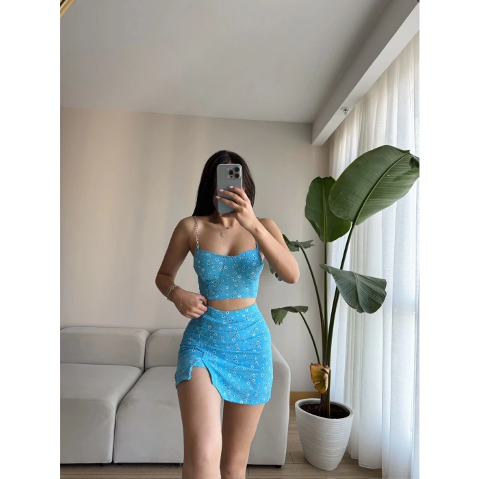 Zincir Askılı Şortlu Etek Takım - MAVİ