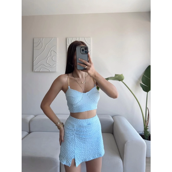 Zincir Crop & Şortlu Etek Takım - MAVİ