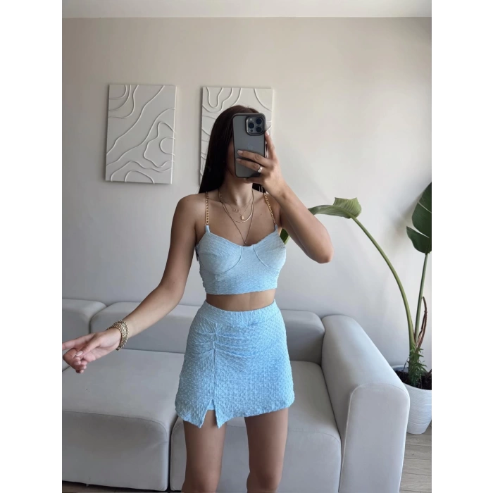 Zincir Crop & Şortlu Etek Takım - MAVİ