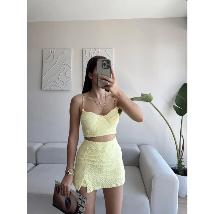 Zincir Crop & Şortlu Etek Takım - SARI