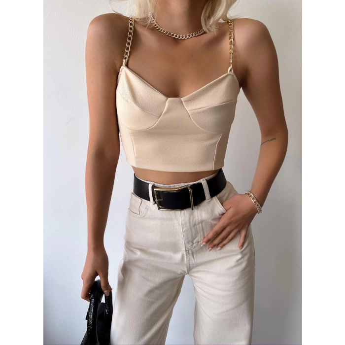 Zincir Detay Askılı Crop-BEJ