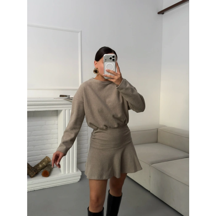 ZR Büzgülü Selanik Elbise - BEJ