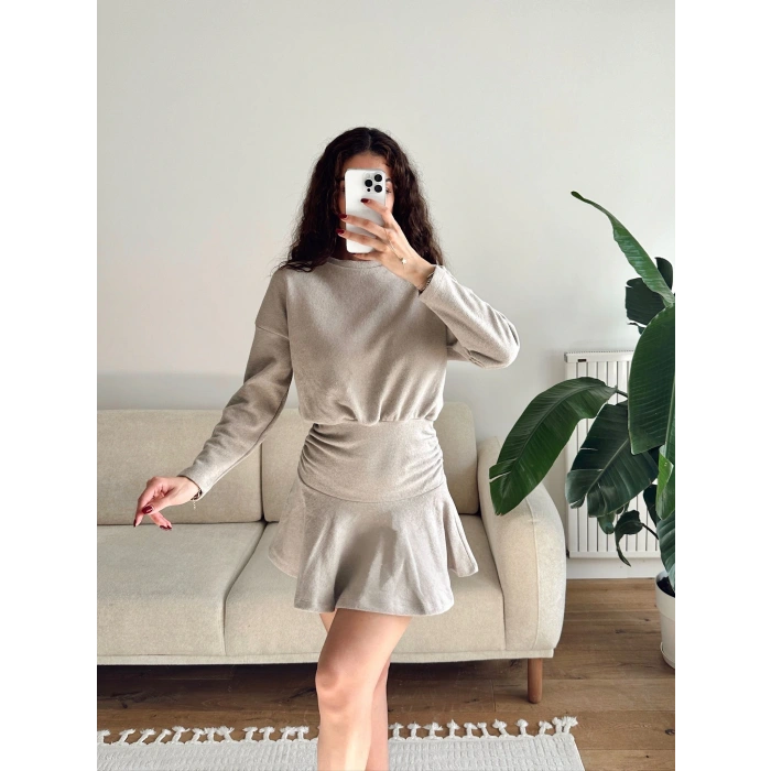 ZR Büzgülü Selanik Elbise - BEJ