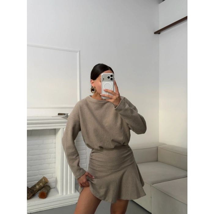 ZR Büzgülü Selanik Elbise - BEJ