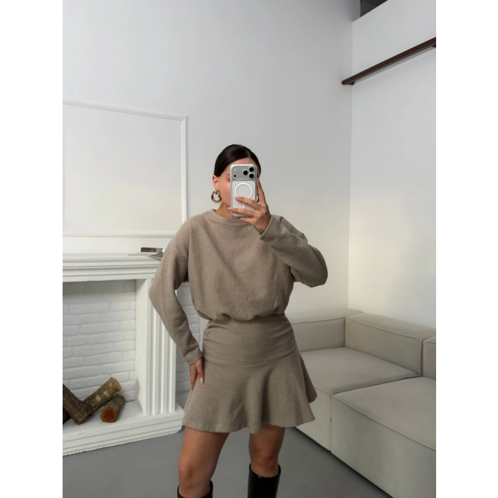 ZR Büzgülü Selanik Elbise - BEJ