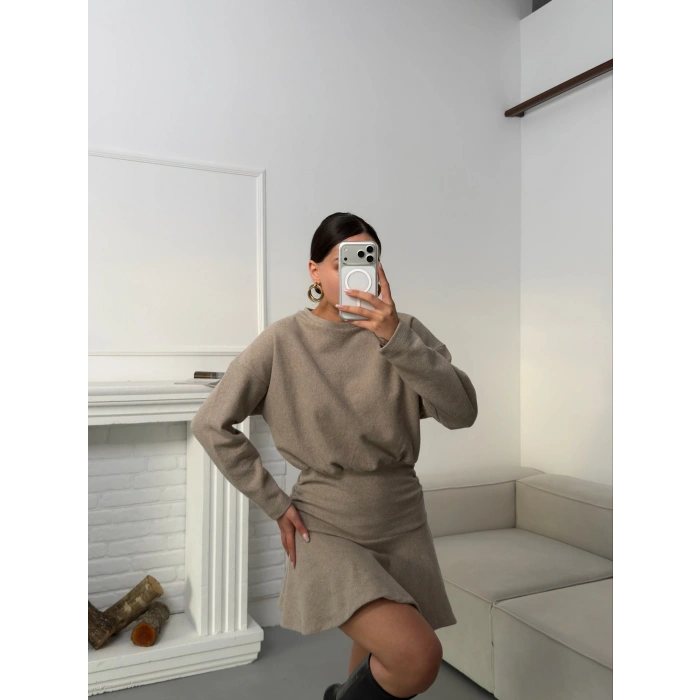 ZR Büzgülü Selanik Elbise - BEJ