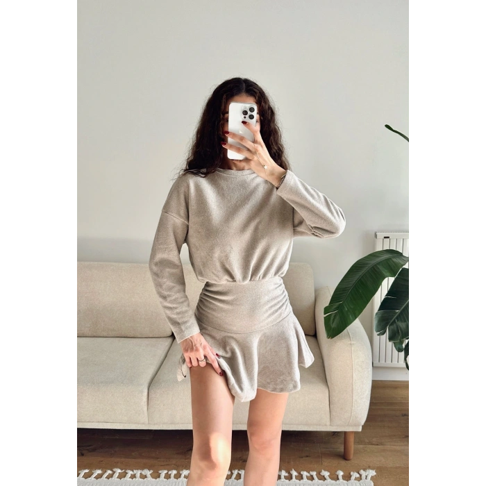 ZR Büzgülü Selanik Elbise - BEJ