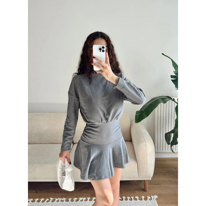 ZR Büzgülü Selanik Elbise - GRİ