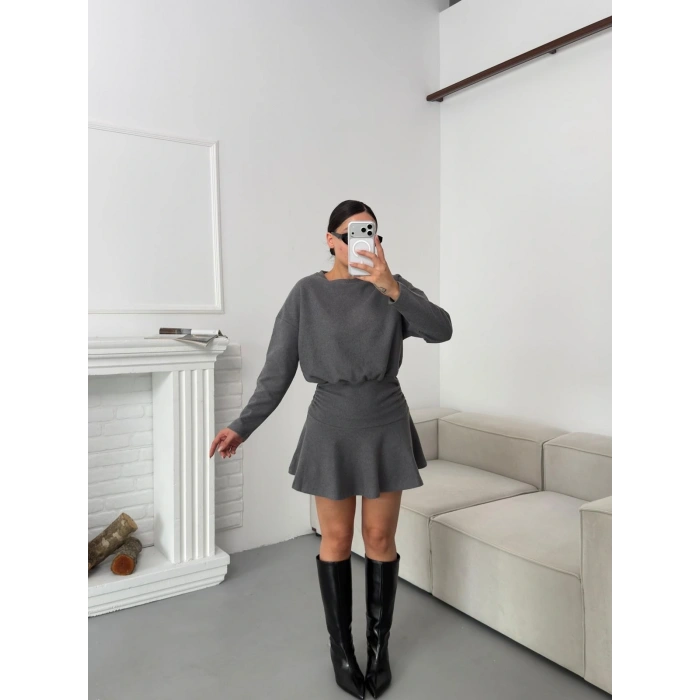 ZR Büzgülü Selanik Elbise - GRİ