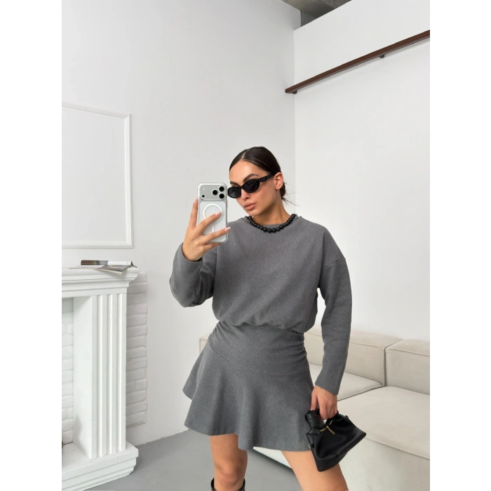 ZR Büzgülü Selanik Elbise - GRİ