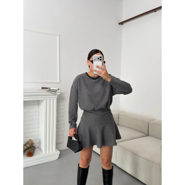 ZR Büzgülü Selanik Elbise - GRİ