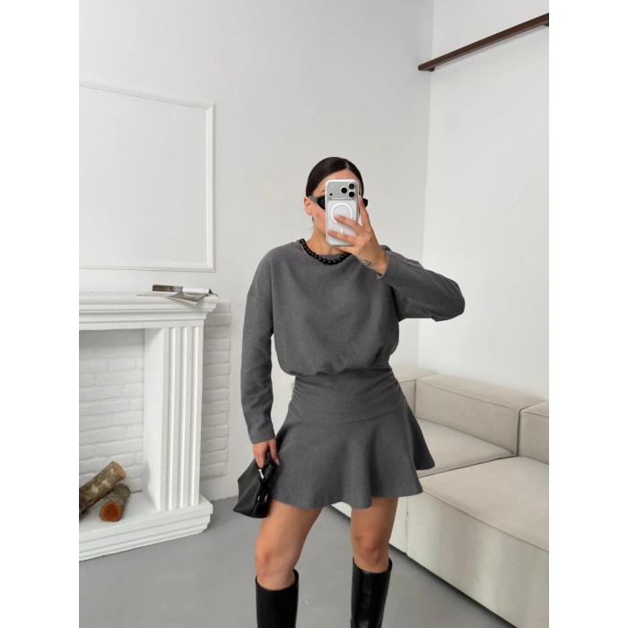 ZR Büzgülü Selanik Elbise - GRİ