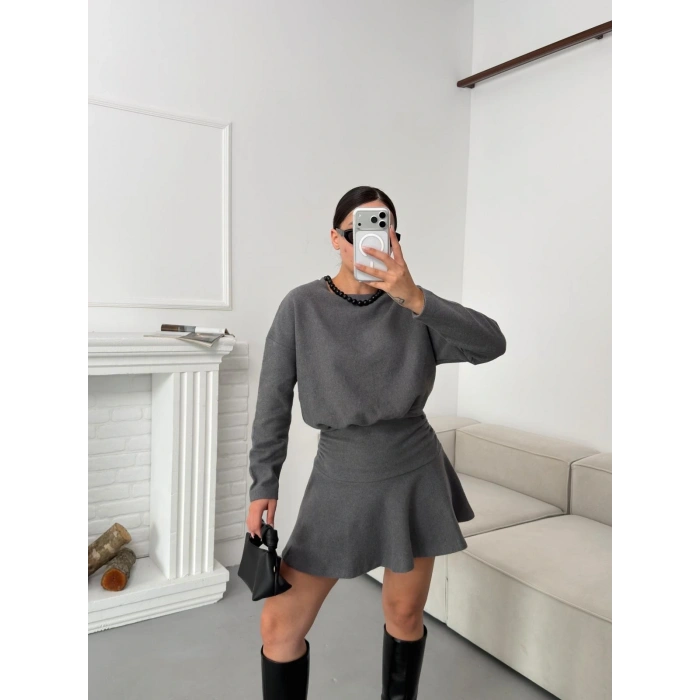 ZR Büzgülü Selanik Elbise - GRİ