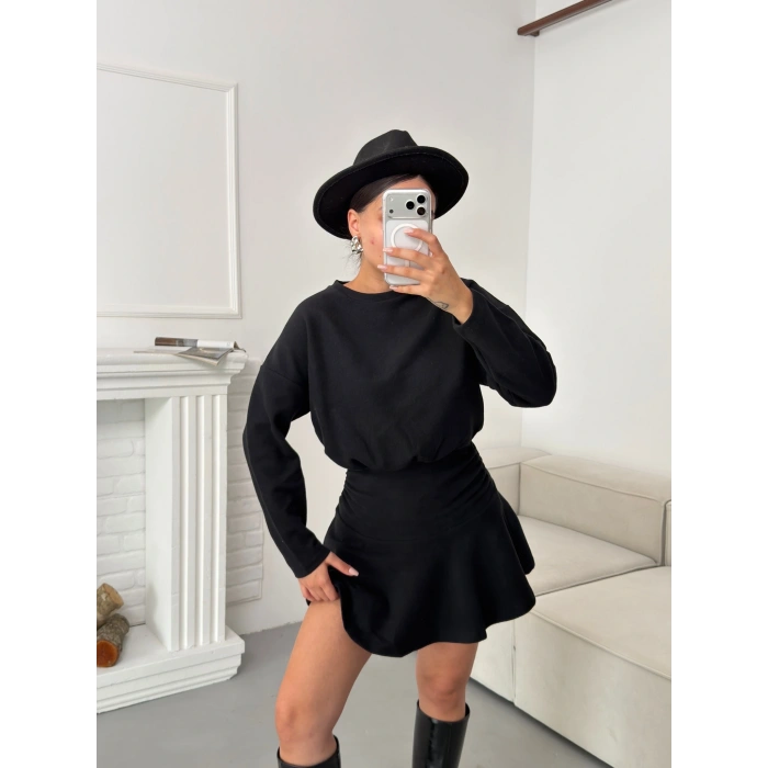 ZR Büzgülü Selanik Elbise - SİYAH