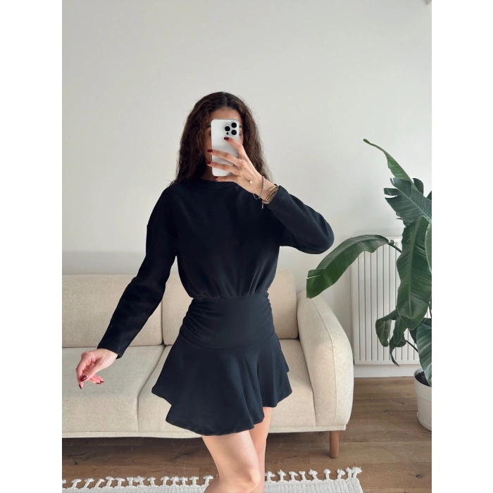 ZR Büzgülü Selanik Elbise - SİYAH