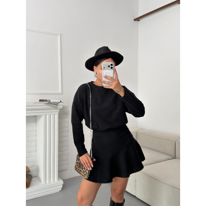 ZR Büzgülü Selanik Elbise - SİYAH