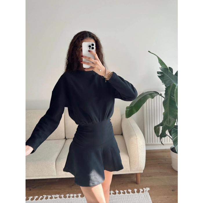 ZR Büzgülü Selanik Elbise - SİYAH