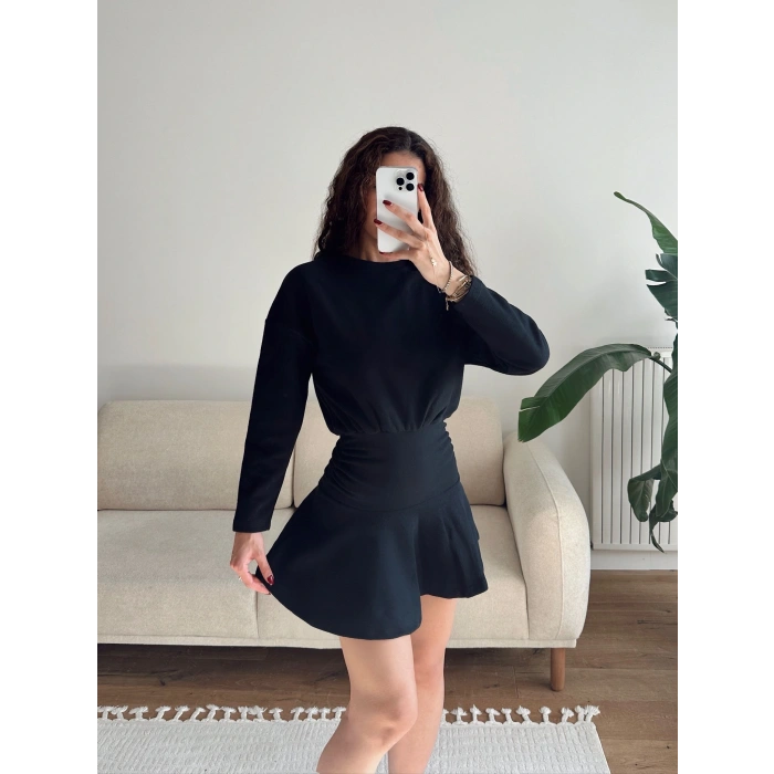 ZR Büzgülü Selanik Elbise - SİYAH