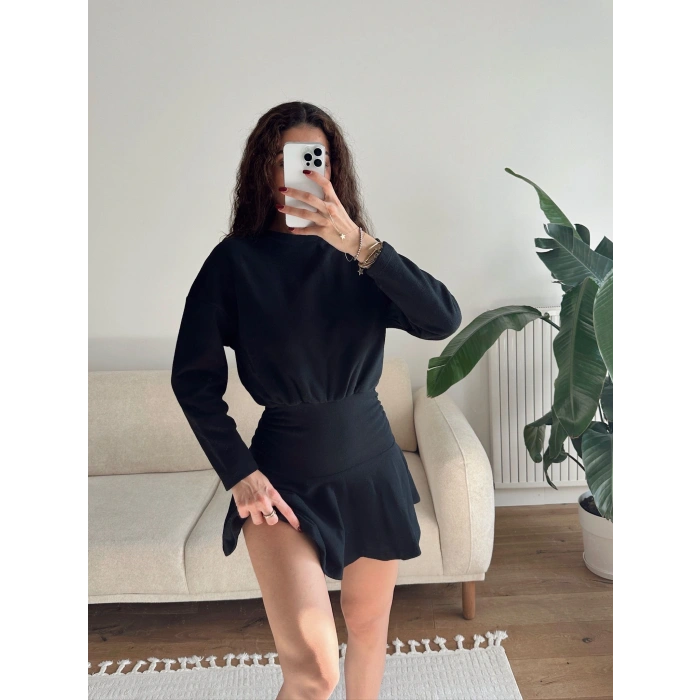 ZR Büzgülü Selanik Elbise - SİYAH