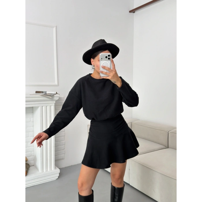 ZR Büzgülü Selanik Elbise - SİYAH