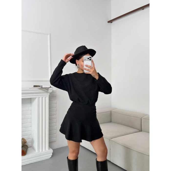 ZR Büzgülü Selanik Elbise - SİYAH