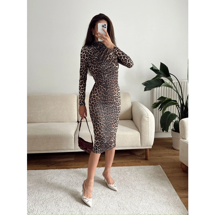 ZR Dik Yaka Leopar Elbise