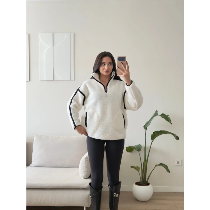 ZR Kontrast Teddy Sweat - BEYAZ