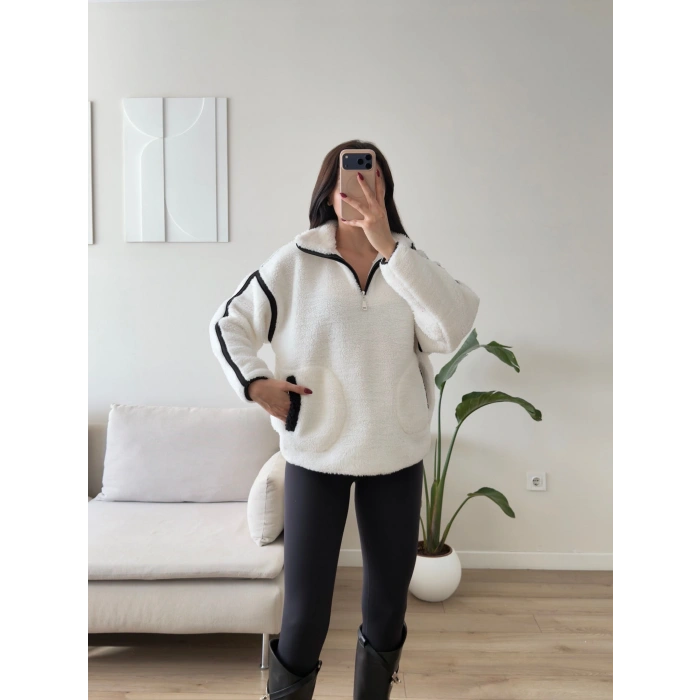 ZR Kontrast Teddy Sweat - BEYAZ