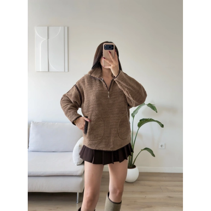 ZR Kontrast Teddy Sweat - KAHVE