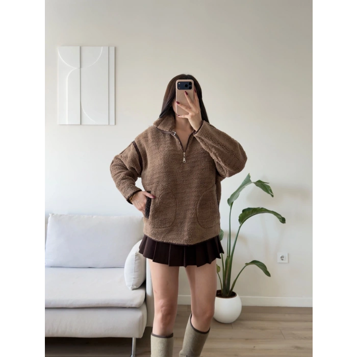 ZR Kontrast Teddy Sweat - KAHVE