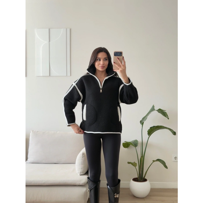 ZR Kontrast Teddy Sweat - SİYAH