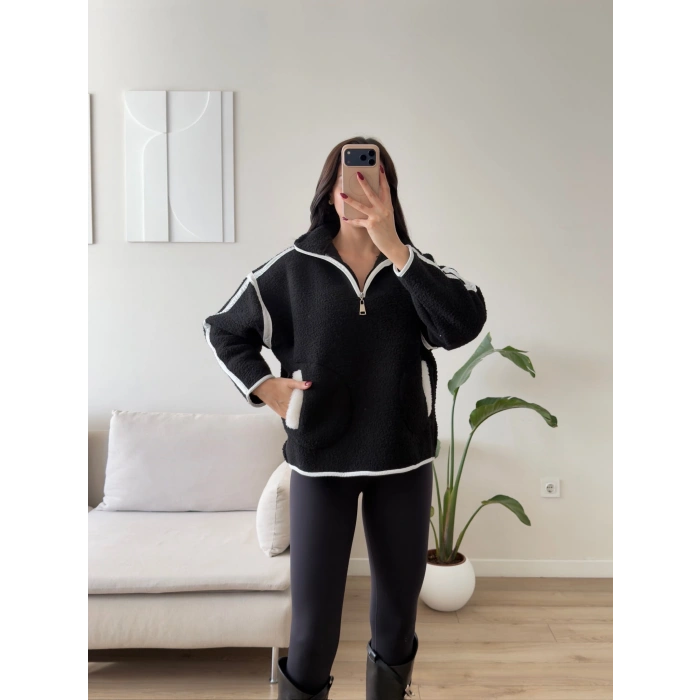 ZR Kontrast Teddy Sweat - SİYAH
