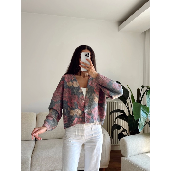 ZR Pastel Çiçekli Triko Hırka