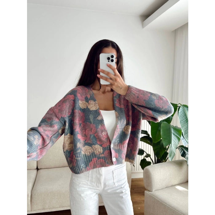 ZR Pastel Çiçekli Triko Hırka