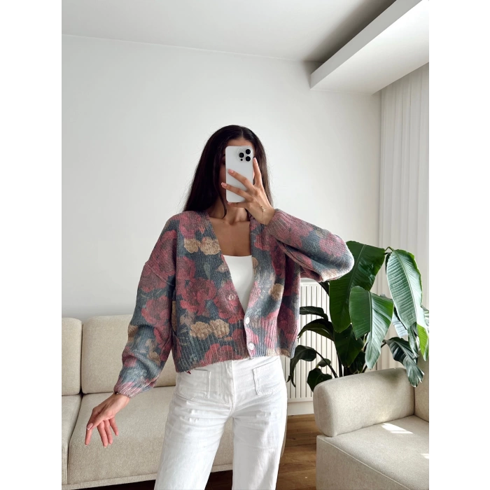 ZR Pastel Çiçekli Triko Hırka