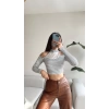 Çizgili Omuz Detay Crop Bluz-BEYAZ