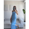 Yırtmaçlı Keten Askılı Elbise - MAVİ